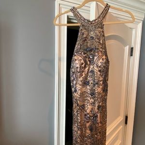 Sherri hill navy and gold studded dress